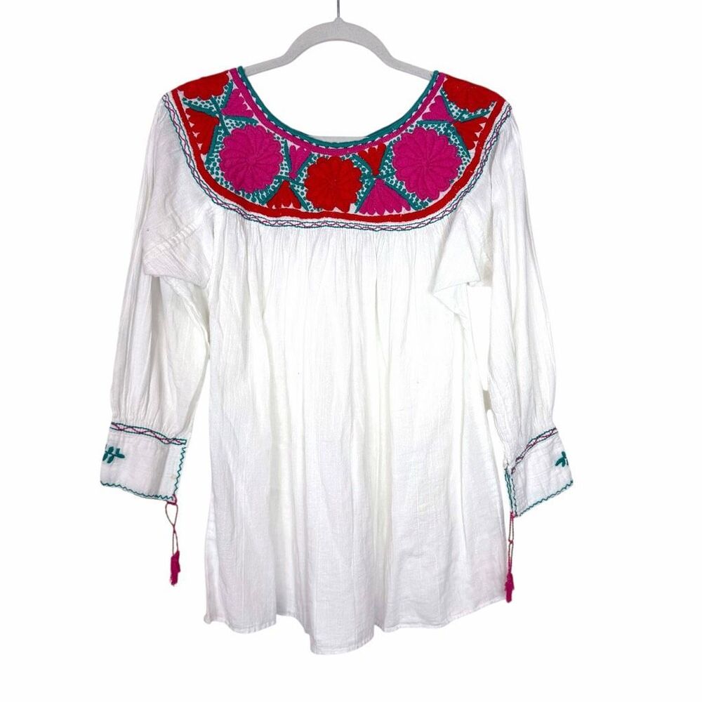 Mexican Handmade Blouse Womens Small White Pink Red Embroidered Floral Tunic Top
